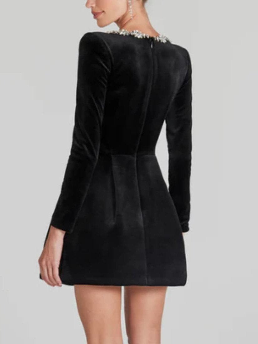 Elegante Vierkante Hals Crystal Versierde Mini Jurk