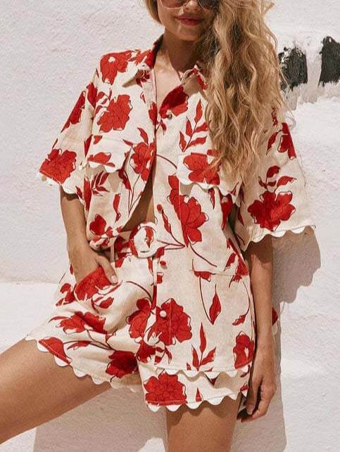 Casual prachtige veelzijdige shorts met kanten print, tweedelig pak