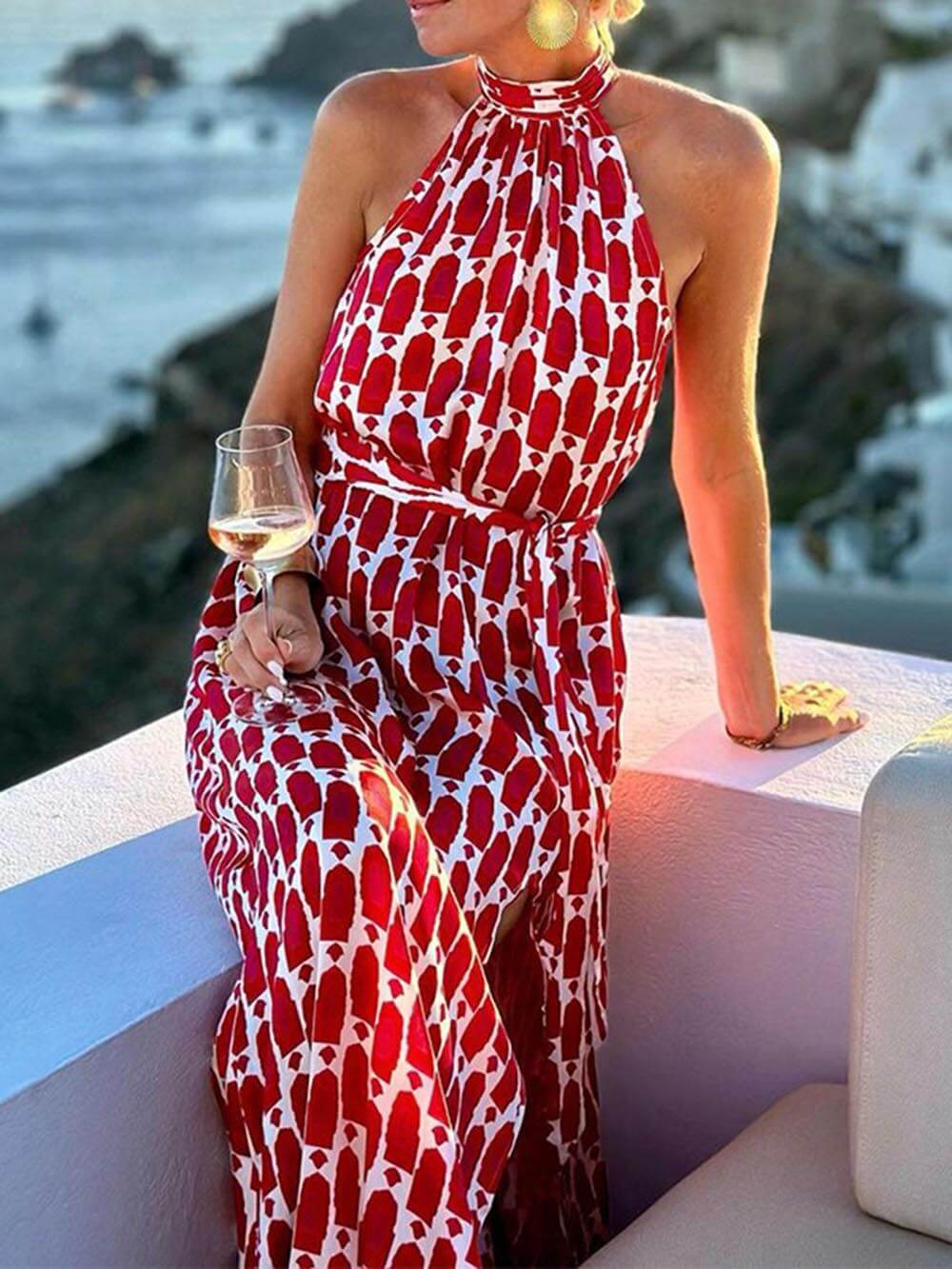 Sexy en Modevol Gedrukt Halternek Strand Split Midi Jurk