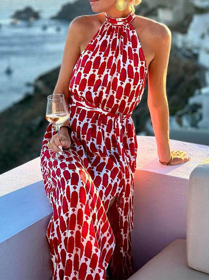 Sexy en Modevol Gedrukt Halternek Strand Split Midi Jurk