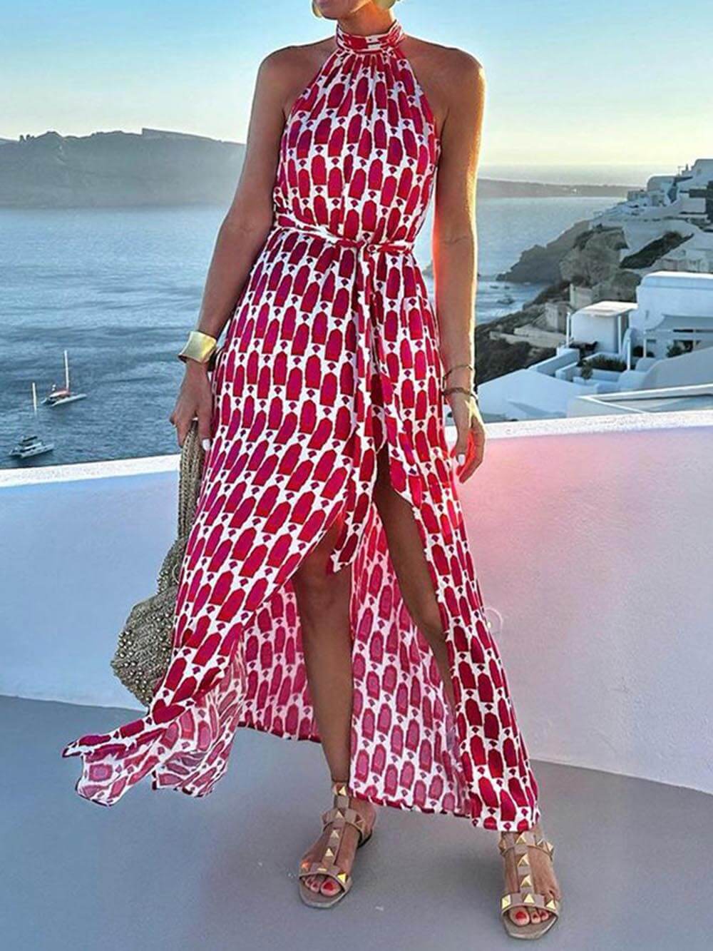 Sexy en Modevol Gedrukt Halternek Strand Split Midi Jurk