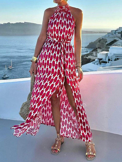 Sexy en Modevol Gedrukt Halternek Strand Split Midi Jurk