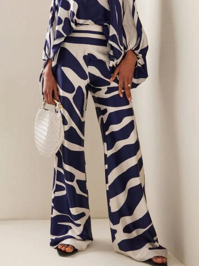 Exquise Abstracte Print Satijnen Brede Pantalon