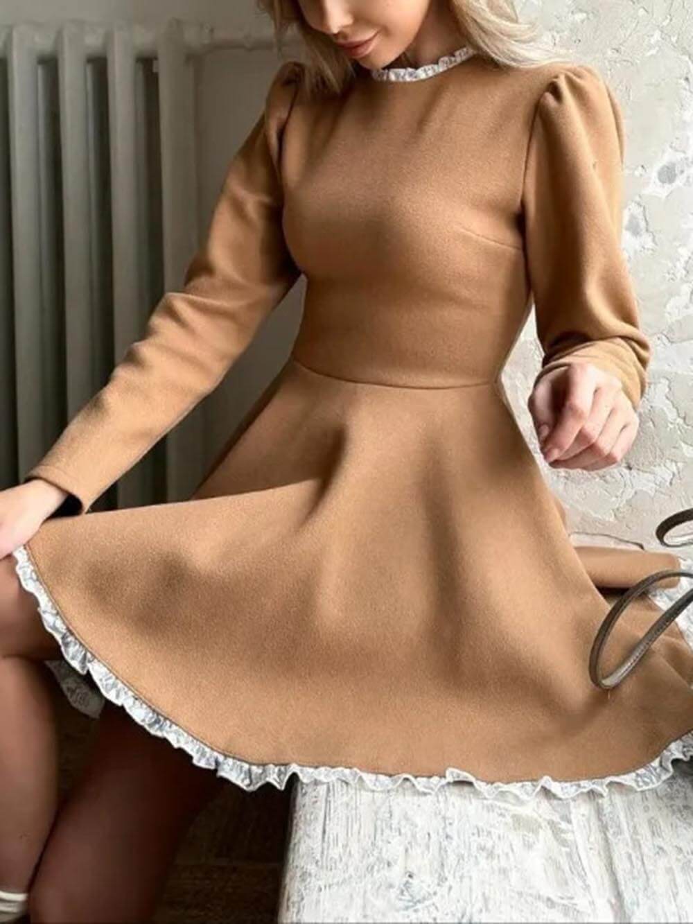 Elegante Kanten Paneel Hoge Taille Lange Mouw Mini Jurk