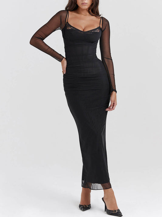 Zwarte Rugloze Bodycon Suspender Maxi Jurk