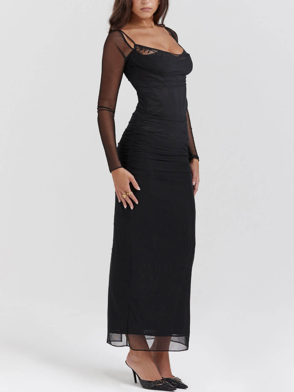 Zwarte Rugloze Bodycon Suspender Maxi Jurk