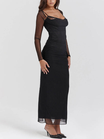 Zwarte Rugloze Bodycon Suspender Maxi Jurk
