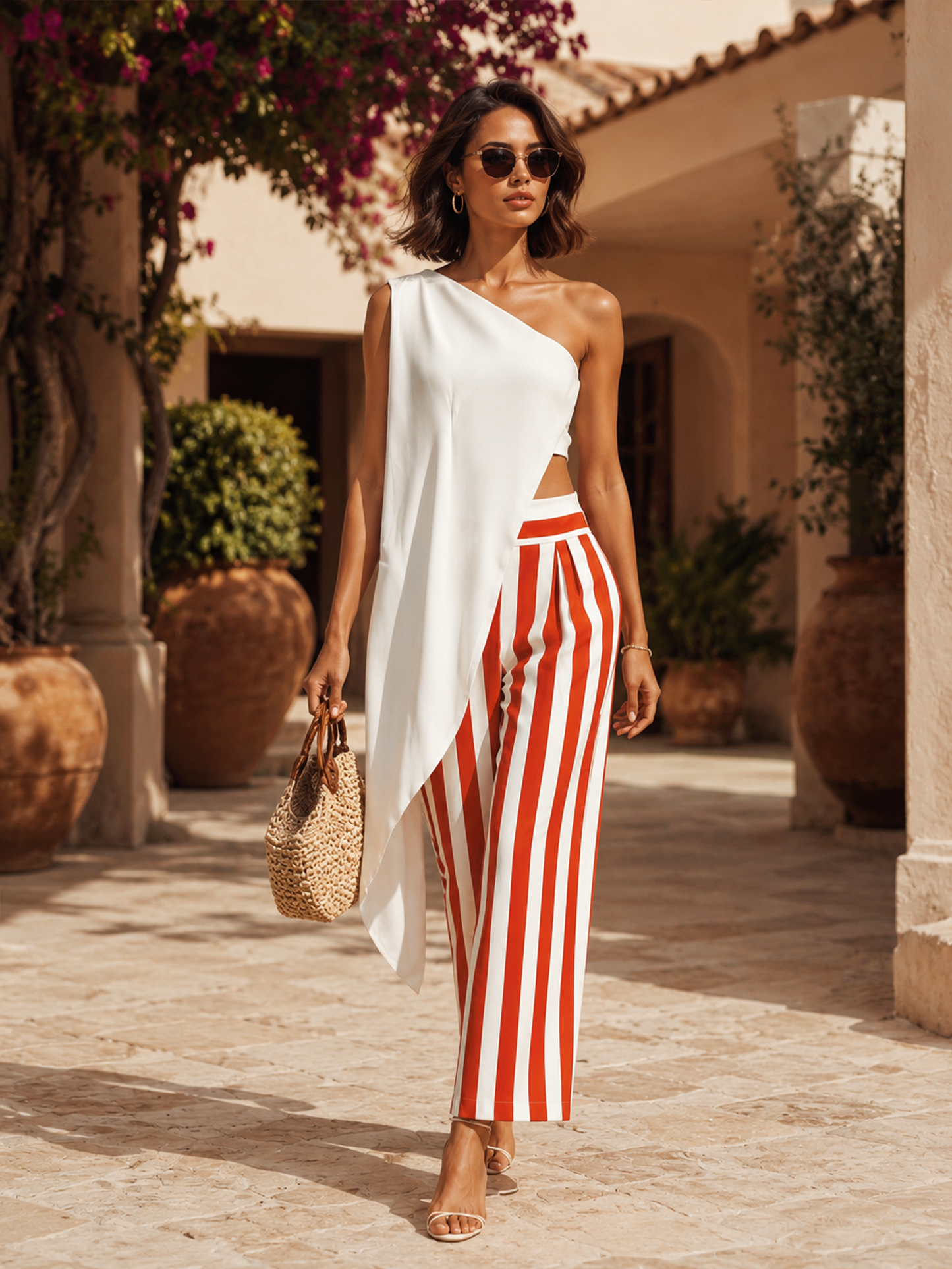 Zonsondergang Strepen Asymmetrische One-Shoulder Twee-Delige Set | Moeiteloze Vakantie Glamour