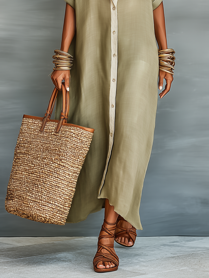 Louise | Linnenmix Korte Mouwen Shirt Maxi Jurk