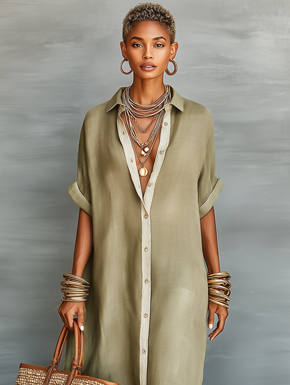Louise | Linnenmix Korte Mouwen Shirt Maxi Jurk
