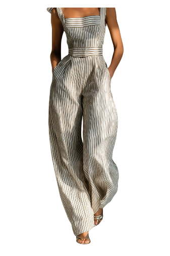 Mona | Beige Gestreepte Linnenmix Tie-Schouder Wijde Jumpsuit