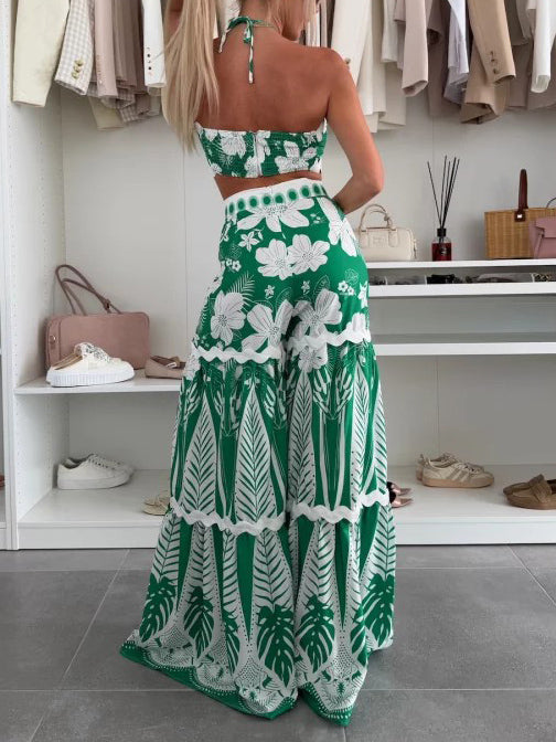 Casual Bloemenprint Tie Top Brede Pantalon Twee-delige Set