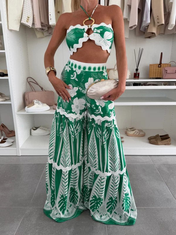 Casual Bloemenprint Tie Top Brede Pantalon Twee-delige Set