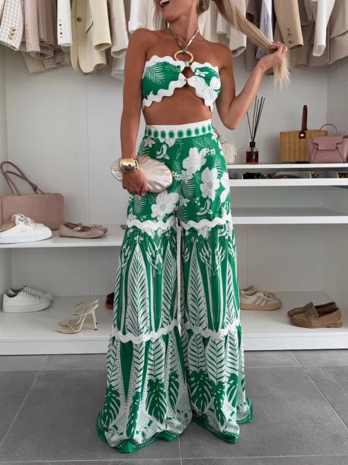Casual Bloemenprint Tie Top Brede Pantalon Twee-delige Set