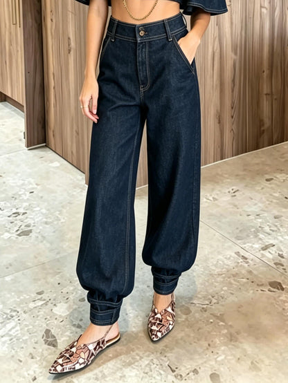 Moderne Denim Cape Top & Hoge Taille Tapered Broek Twee-delige Set
