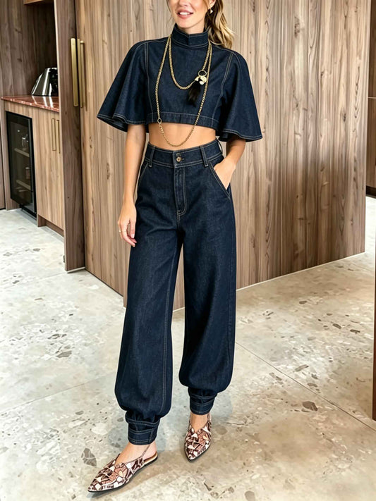 Moderne Denim Cape Top & Hoge Taille Tapered Broek Twee-delige Set