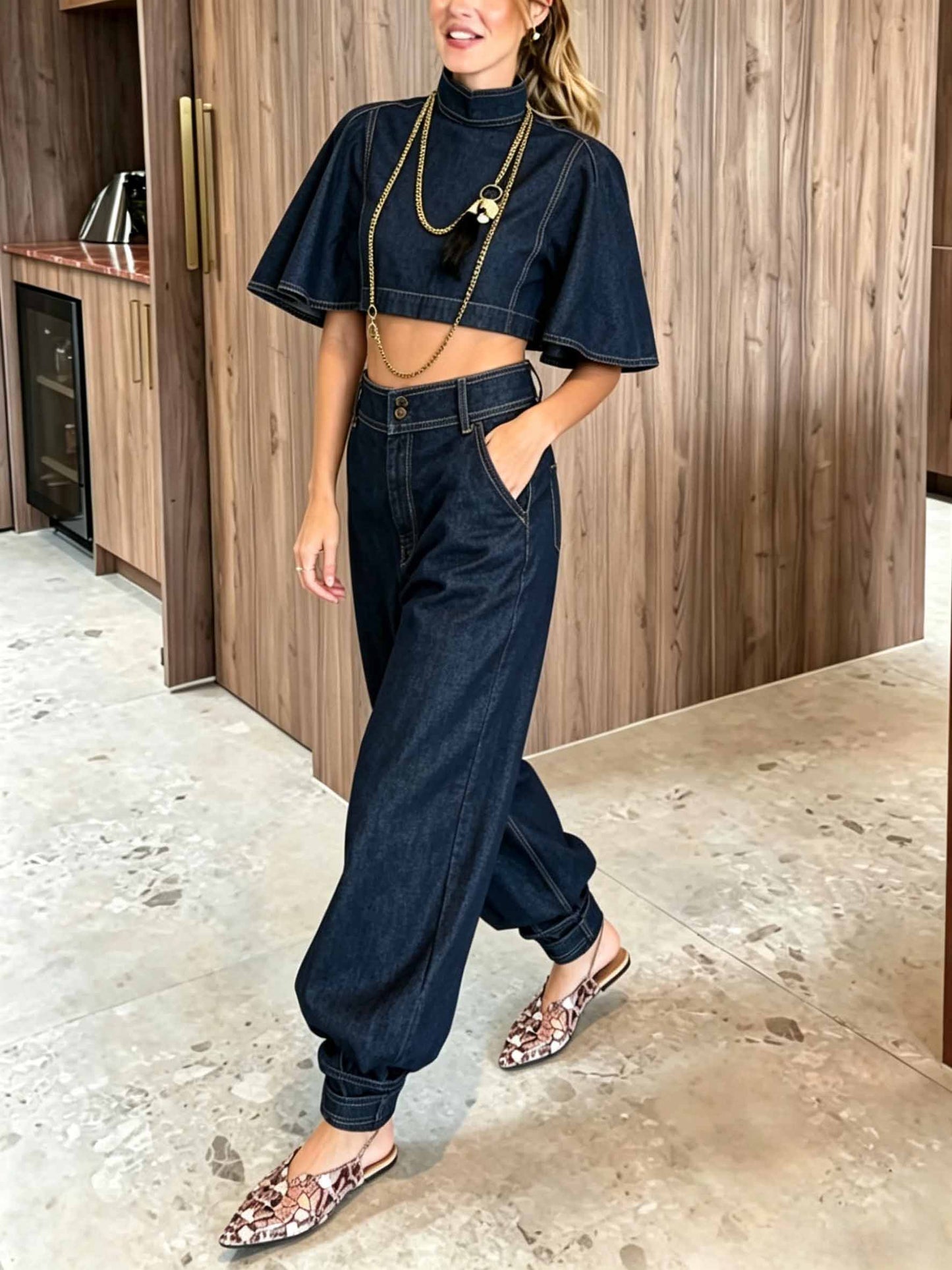 Moderne Denim Cape Top & Hoge Taille Tapered Broek Twee-delige Set