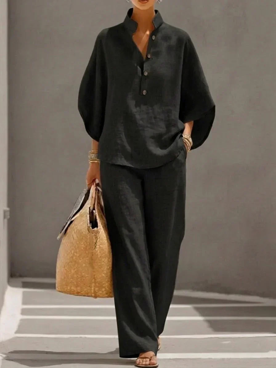 Maribel | Oceaanblauw Batwing & Wijde Pantalon Set