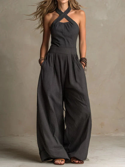 Bianca | Oceaanblauwe Crossover Linnen Jumpsuit
