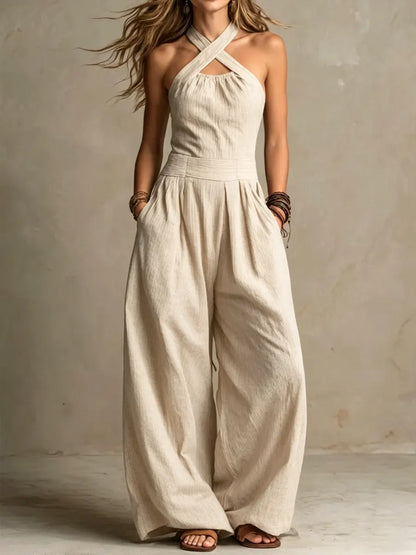 Bianca | Oceaanblauwe Crossover Linnen Jumpsuit