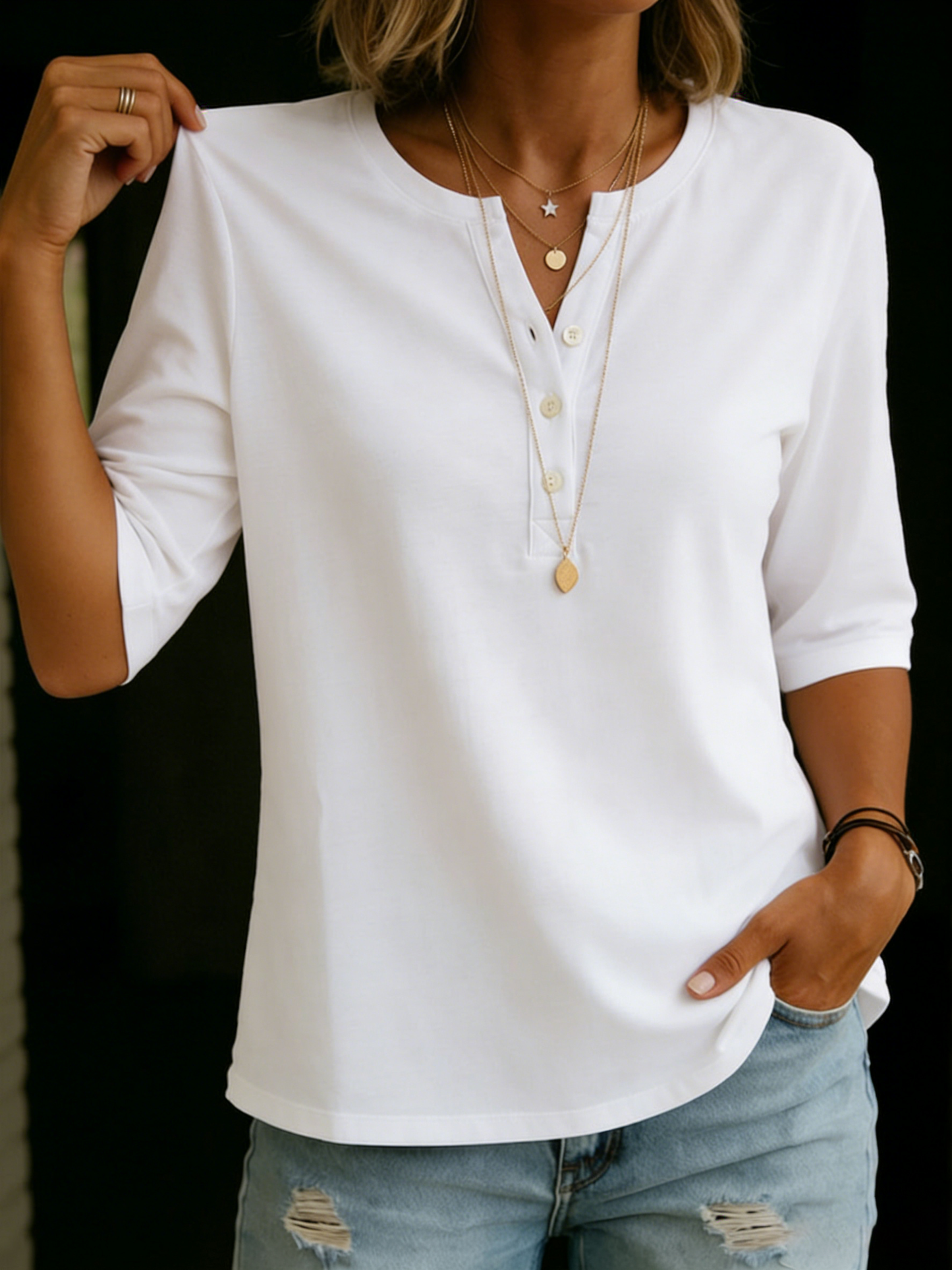 Pauline | Henley-top met knoopsluiting, 3/4-mouwen en een relaxte pasvorm