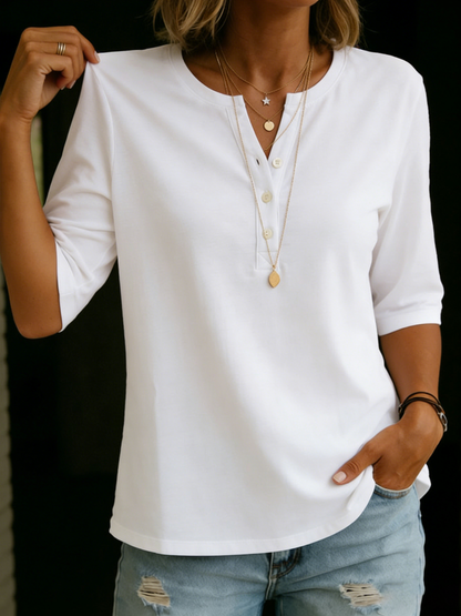 Pauline | Henley-top met knoopsluiting, 3/4-mouwen en een relaxte pasvorm