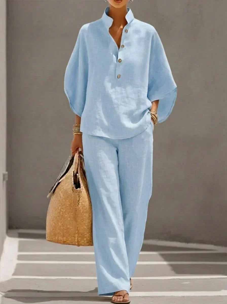 Maribel | Oceaanblauw Batwing & Wijde Pantalon Set