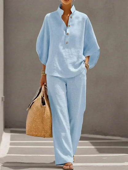 Maribel | Oceaanblauw Batwing & Wijde Pantalon Set