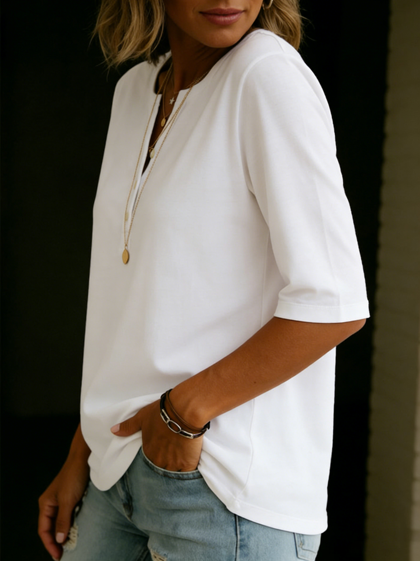 Pauline | Henley-top met knoopsluiting, 3/4-mouwen en een relaxte pasvorm