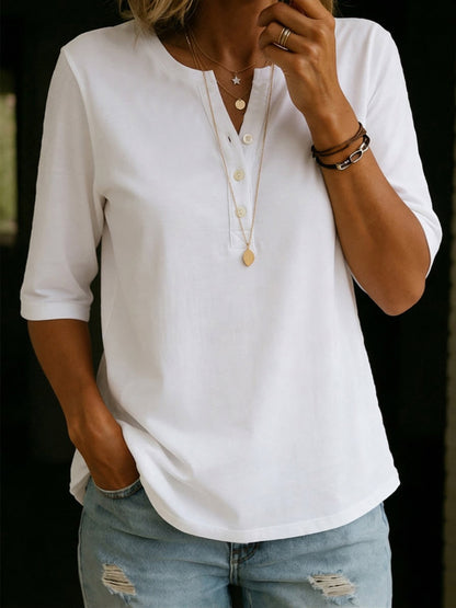Pauline | Henley-top met knoopsluiting, 3/4-mouwen en een relaxte pasvorm