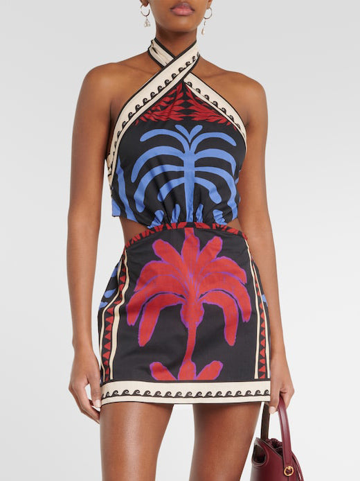 Unieke Zomerprint Halternek Mini Jurk