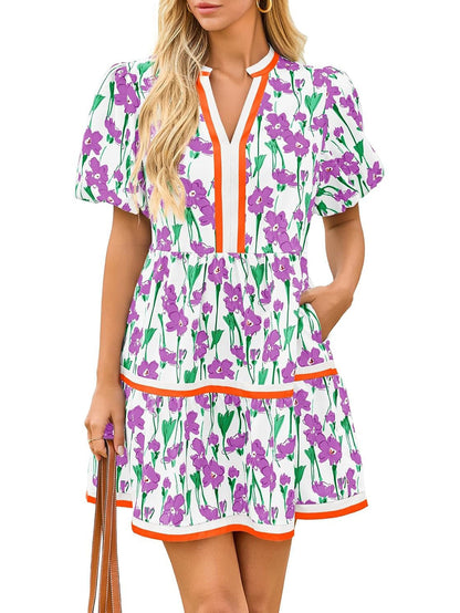 Damesjurk met V-hals en bloemenprint, korte pofmouwen, boho-stijl