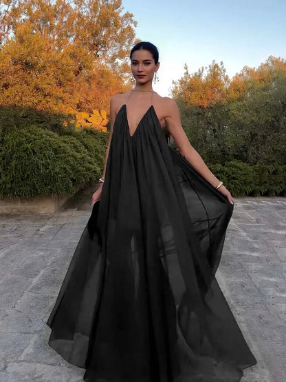 Elegante Zwarte V-hals Chiffon Vloeiende Maxi Jurk