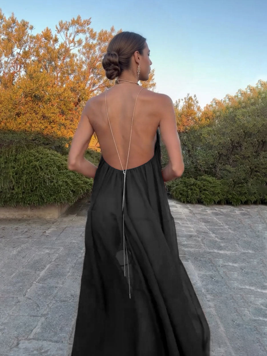 Elegante Zwarte V-hals Chiffon Vloeiende Maxi Jurk