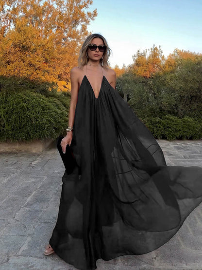 Elegante Zwarte V-hals Chiffon Vloeiende Maxi Jurk