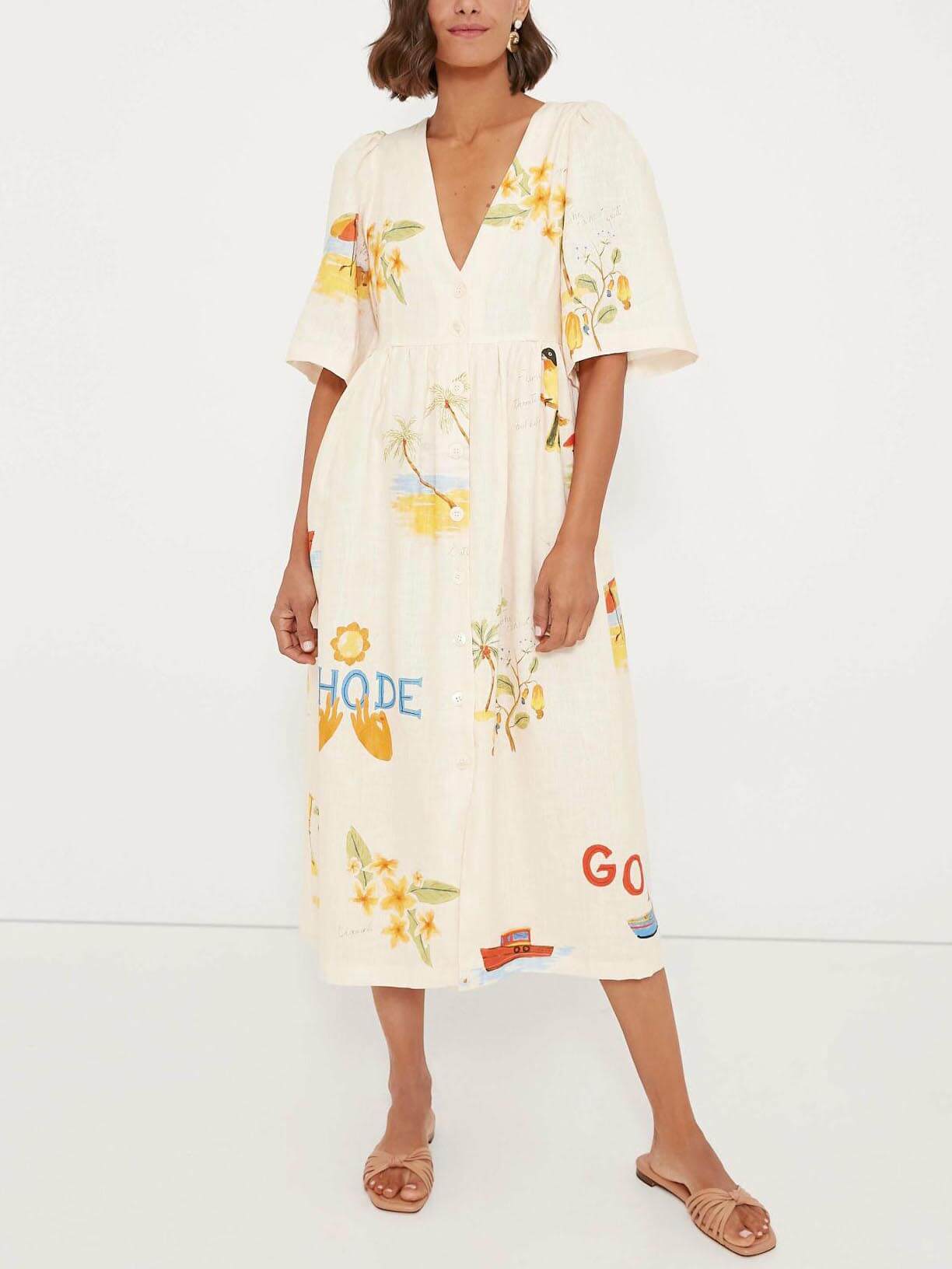 Unieke Vakantie Folk Bloemen Print Puff Sleeve Midi Jurk