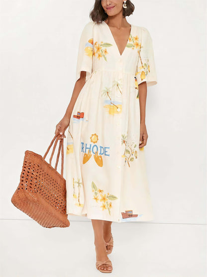 Unieke Vakantie Folk Bloemen Print Puff Sleeve Midi Jurk