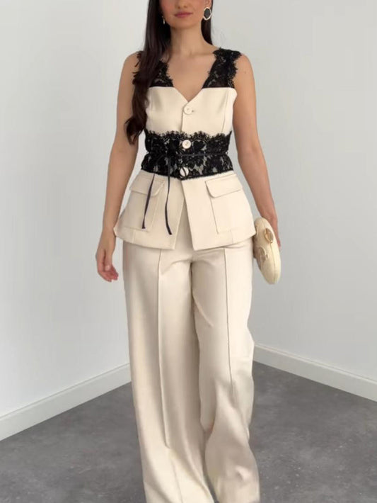Elegante Mouwloze Vest & Wijde Broeken Set met Kantpaneel