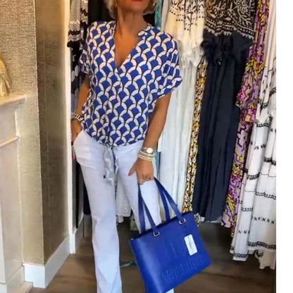 🌸Nieuw casual topje met print, korte mouwen en een V-hals