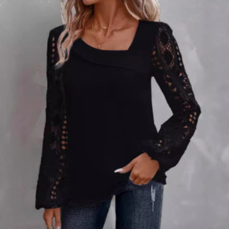🌸Dames-top met lange mouwen, uitsnijding en patchworkkant🌸