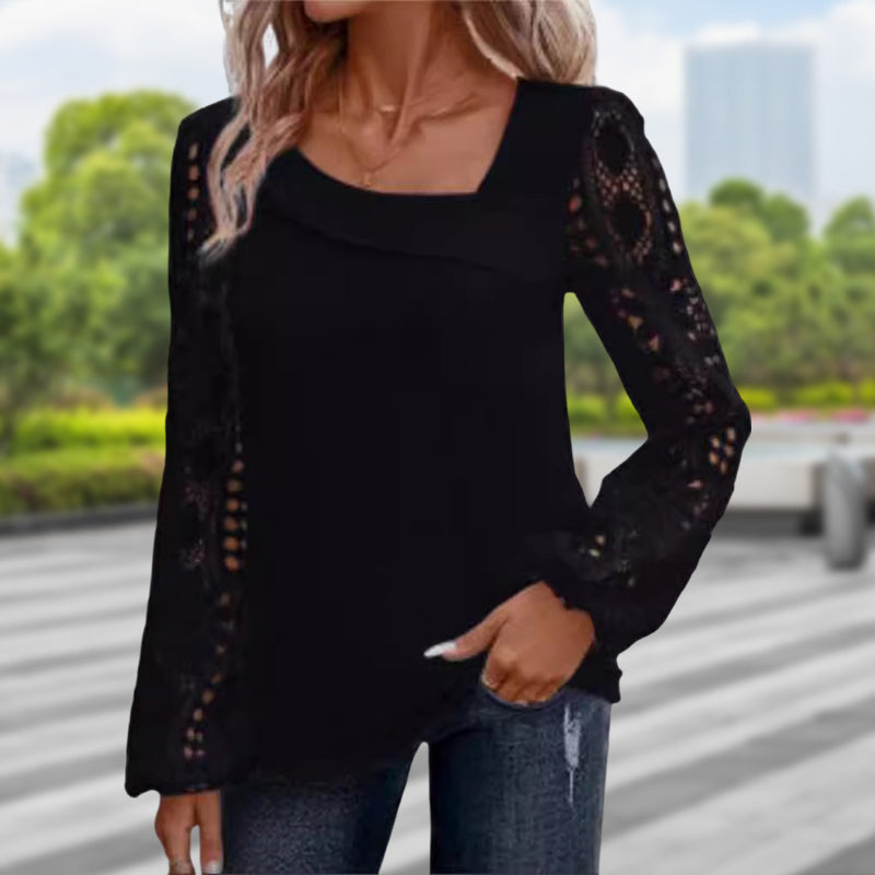 🌸Dames-top met lange mouwen, uitsnijding en patchworkkant🌸