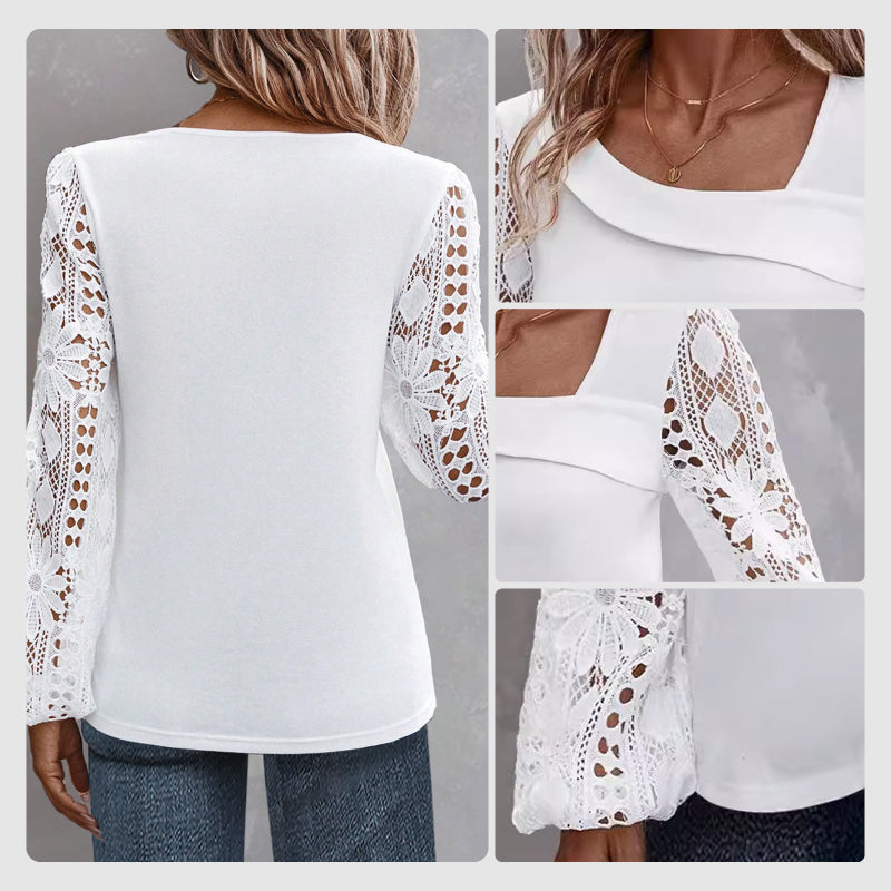 🌸Dames-top met lange mouwen, uitsnijding en patchworkkant🌸