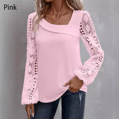 🌸Dames-top met lange mouwen, uitsnijding en patchworkkant🌸