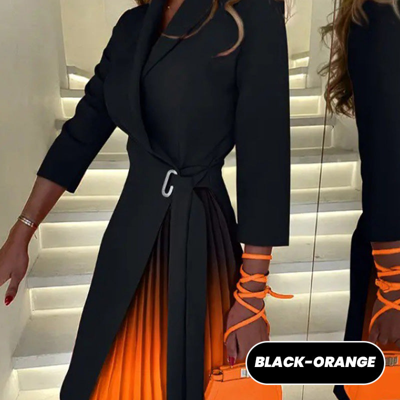 Geplooide jurk met blazereffect en kleurverloop, met reverskraag en geknoopte taille