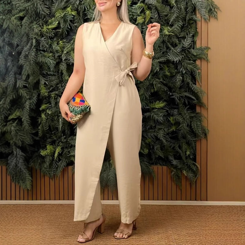 Casual jumpsuit met V-hals en sluitingen, effen kleur, voor dames