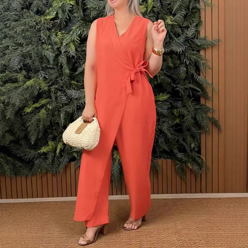 Casual jumpsuit met V-hals en sluitingen, effen kleur, voor dames