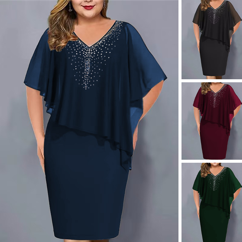 💐Cape-jurk met V-hals en strassversiering, met een overlaag van chiffon