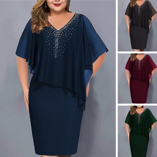 💐Cape-jurk met V-hals en strassversiering, met een overlaag van chiffon
