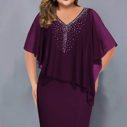 💐Cape-jurk met V-hals en strassversiering, met een overlaag van chiffon