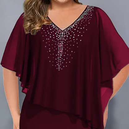 💐Cape-jurk met V-hals en strassversiering, met een overlaag van chiffon